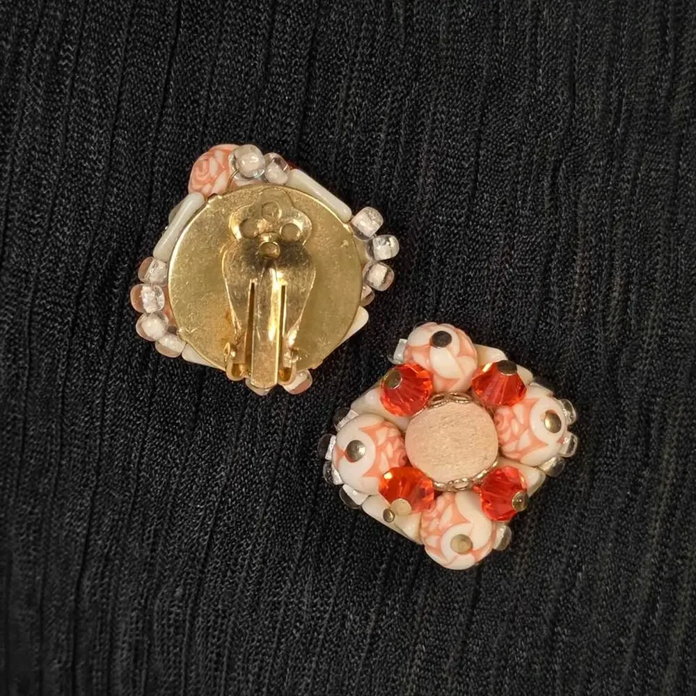 Vintage Orange White Beaded Clip-On Cluster Earrings Floral Retro Mod
